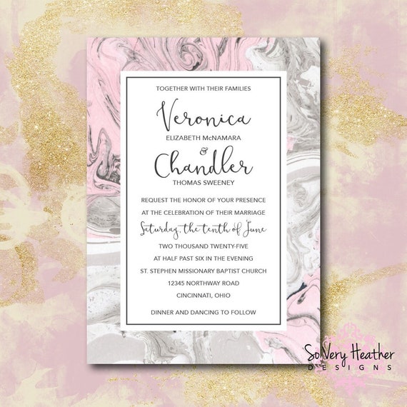 Pink and Grey Marble Wedding Invitation, 25th Wedding Anniversary, Vow Renewal Invitation - Digital File OR Printed