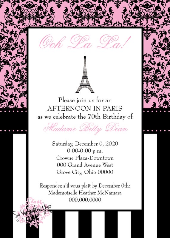 Parisian Pink and Black Adult Birthday Party Invitation - Digital File OR Printed