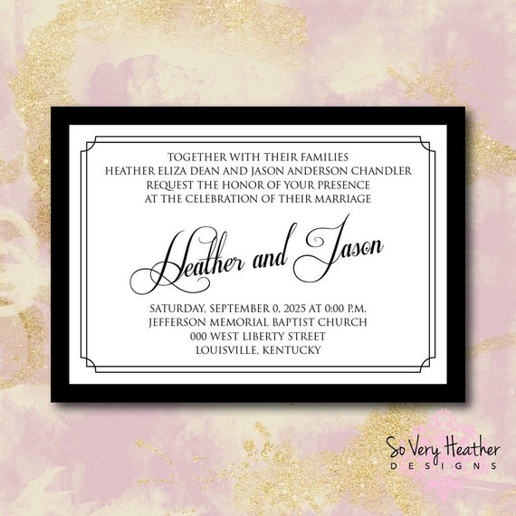 Black and White Wedding Invitation, 25th Wedding Anniversary, Vow Renewal Invitation - Digital File OR Printed