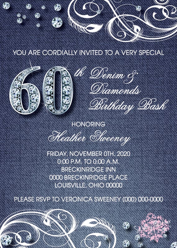 Denim and Diamonds Adult Birthday Party Invitation - Digital File OR Printed