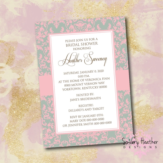 Damask Bridal Shower Invitation - Digital File OR Printed