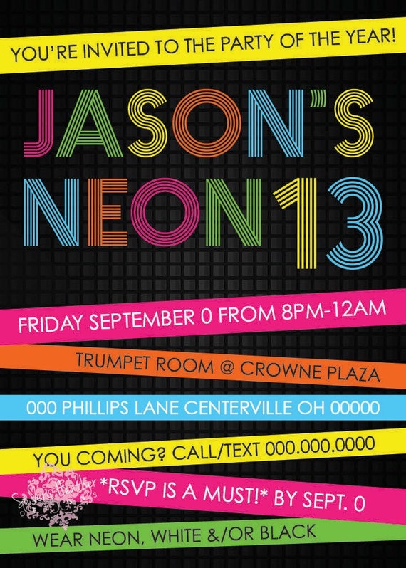 Neon Birthday Party Invitation - Digital File OR Printed