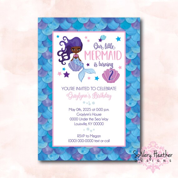Mermaid Birthday Party Invitation - Digital File OR Printed