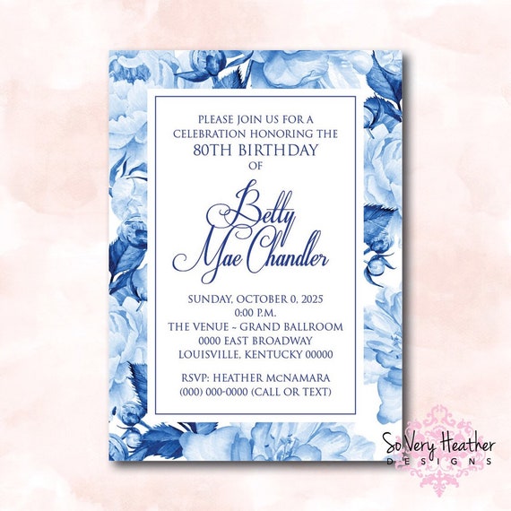 Blue and White Floral Birthday Party Invitation - Digital File OR Printed
