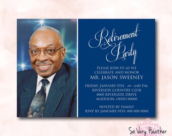 Blue and White Retirement Party, Wedding Anniversary, Adult Birthday Party Invitation - Digital File OR Printed