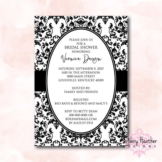 Damask Bridal Shower Invitation - Digital File OR Printed