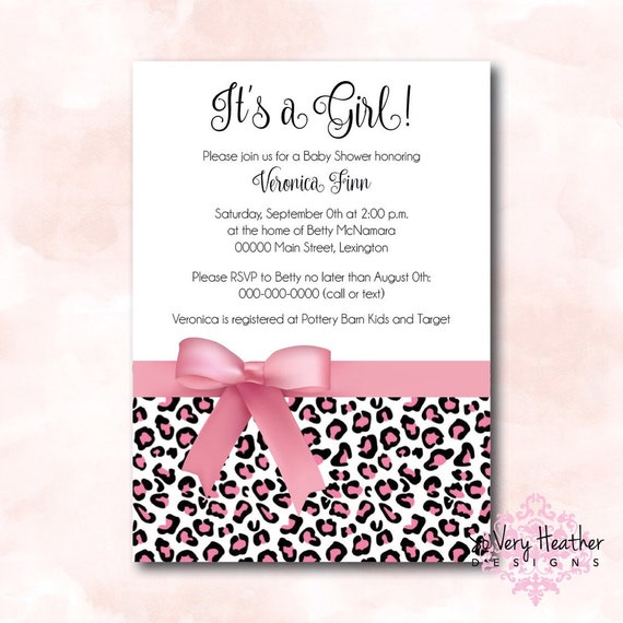 Pink Leopard Baby Shower Invitation, Birth Announcement, First Birthday Party Invitation Digital File OR Printed