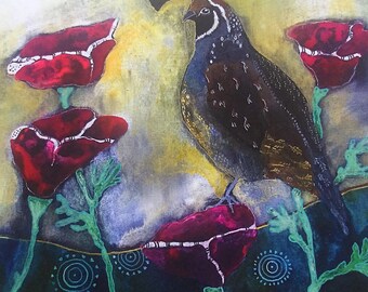 Nature Bird wall art with peaceful Quail and Poppies Print, great gift for Mothers or Brides or Girlfriends