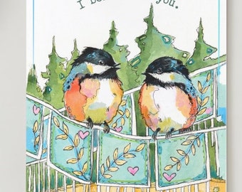 Nature art print of two birds cute forest wall art, very sweet and fun with encouraging message, great gift for a nursery or kids room