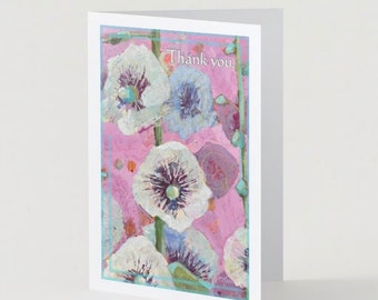 Flower Thank you Greeting Card with beautiful pink Hollyhocks, blank inside, Very bright and fun perfect for your Mom or friend