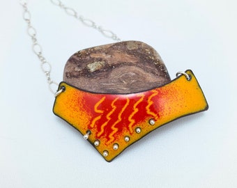 Yellow Red Enameled Copper Pendant Necklace - Contemporary - Handmade - Mod Shape