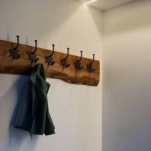 Hook Rack- solid live edge oak with cast iron coat hooks Handmade rustic design