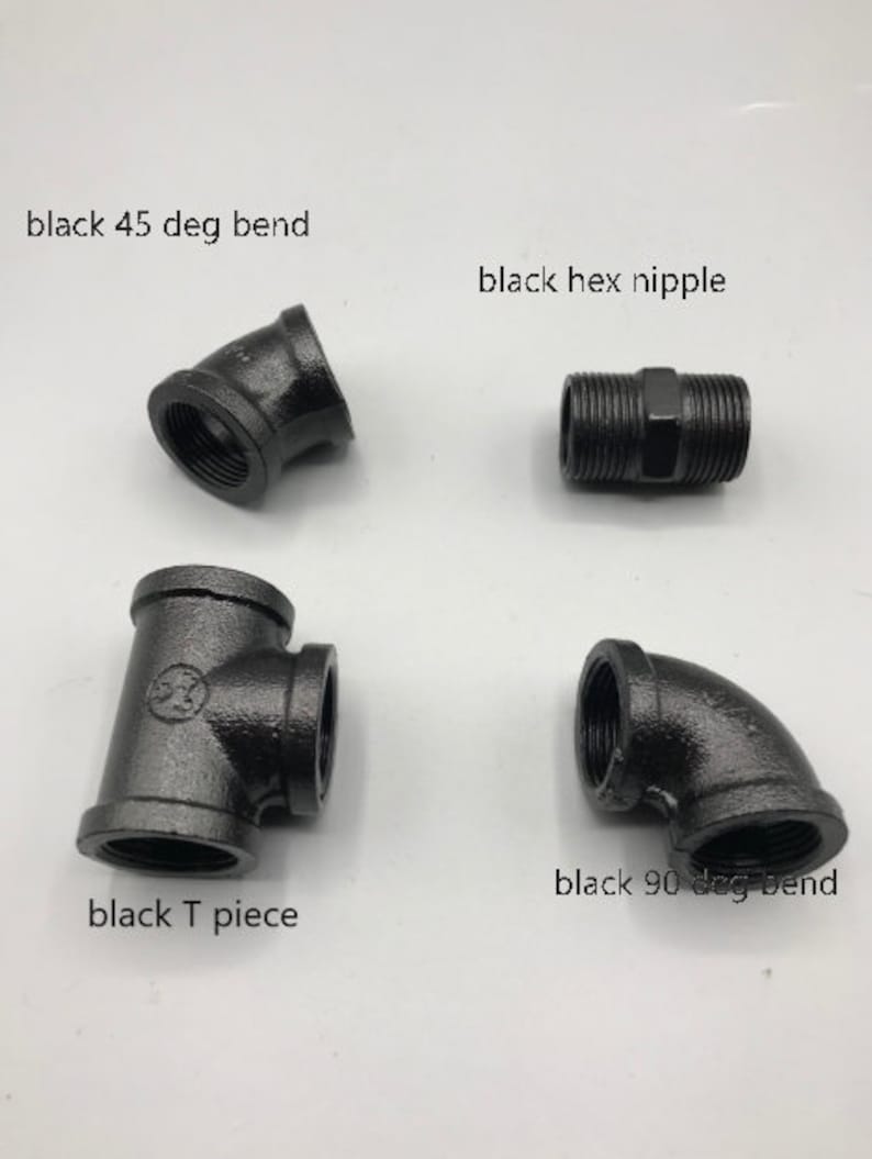 May include: Four black metal pipe fittings: a 45-degree elbow, a 90-degree elbow, a T-shaped connector, and a hex nipple.