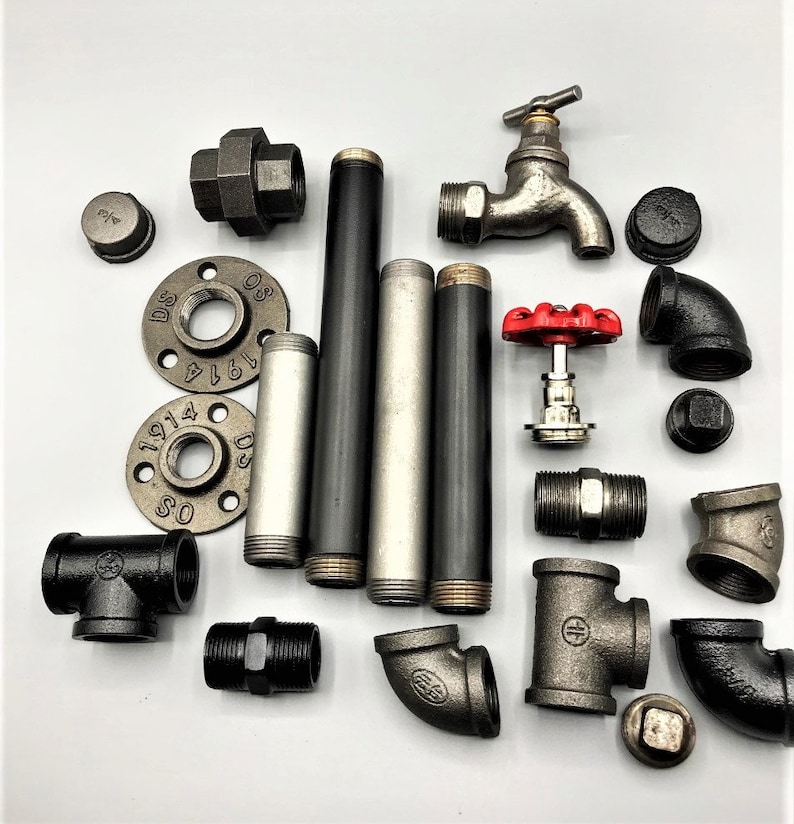May include: Assortment of black iron pipe fittings, including elbows, tees, and flanges.  Also included are two black metal pipes, a silver metal pipe, a black metal faucet, and a red valve.