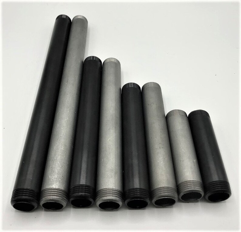 May include: A set of eight black and silver metal pipes of varying lengths. The pipes have threaded ends.