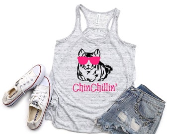 May include: A gray tank top with a black and white illustration of a chinchilla wearing pink sunglasses. The text "Chin Chillin'" is printed below the chinchilla.
