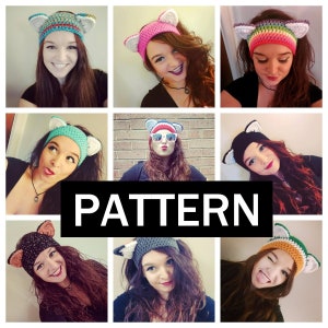 May include: A collage of nine images featuring different crocheted cat ear headbands in various colors, including pink, blue, green, black, and rainbow. The text "PATTERN" is displayed in the center of the collage.