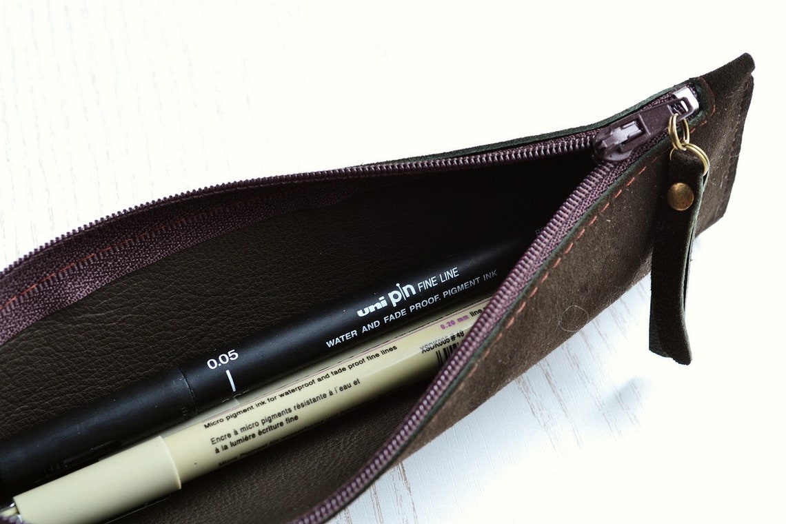 Suede pen case with zipper Leather pen case Slim pen holder Etsy