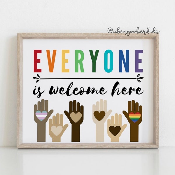 Everyone Welcome Here, Diversity Art, Classroom Decor, Educational Wall Art, Inclusion, Kindness, Printable, Digital Download, Rainbow Print