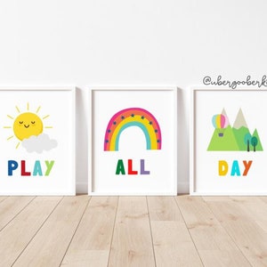 Play All Day Wall Art, Set of Three Prints, Playroom Art, Playroom Prints, Playroom Wall Decor, Playroom Posters, Kids Playroom Art, Rainbow