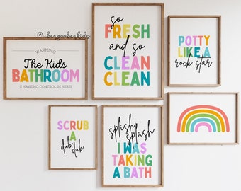 Kids Bathroom Art Set, Bathroom Wall Prints, Set of 6, Splish Splash, Scrub a Dub Dub, Kids Bathroom Decor, Children&#39;s Bathroom Wall Art