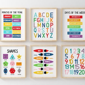 Ensemble d'oeuvres d'art murales pour salle de jeux, lot de 6, imprimés éducatifs, affiches de classe, apprentissage à domicile, décoration murale pour enfants, alphabet, chiffres, formes