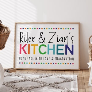 May include: A white framed sign with the text "Rilee & Zian's KITCHEN" in colorful letters. The sign also says "Homemade with love & imagination" in black text. The sign is hanging on a white wall above a white rug with a brown wooden floor.