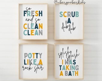 Kids Bathroom Art Set, Bathroom Wall Prints, Set of 4, Splish Splash, Scrub a Dub Dub, Kids Bathroom Decor, Children's Bathroom Wall Art