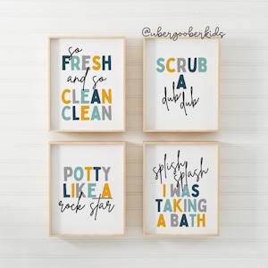 Kids Bathroom Art Set, Bathroom Wall Prints, Set of 4, Splish Splash, Scrub a Dub Dub, Kids Bathroom Decor, Children&#39;s Bathroom Wall Art
