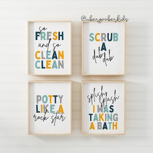 Kids Bathroom Art Set, Bathroom Wall Prints, Set of 4, Splish Splash, Scrub a Dub Dub, Kids Bathroom Decor, Children's Bathroom Wall Art