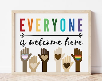 Everyone Welcome Here, Diversity Art, Classroom Decor, Educational Wall Art, Inclusion, Kindness, Printable, Digital Download, Rainbow Print