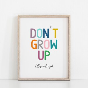 May include: A framed print with the text "DON'T GROW UP (It's a trap)" in colorful letters. The letters are in different colors, including purple, blue, teal, orange, gray, pink, and green.