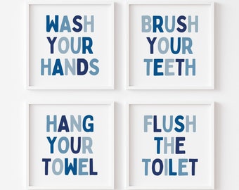 Blue Kids Bathroom Prints: Boys Bathroom Rules Wall Art (Digital Download)