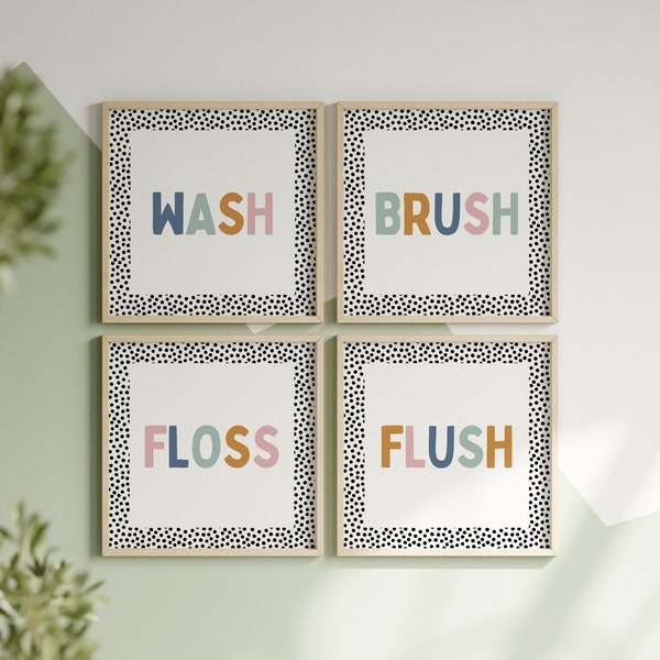 Wash Brush Floss Flush Print Set , Kids Bathroom Decor, Printable Bathroom Wall Art, Washroom Decor, Bathroom Prints for Kids, Digital