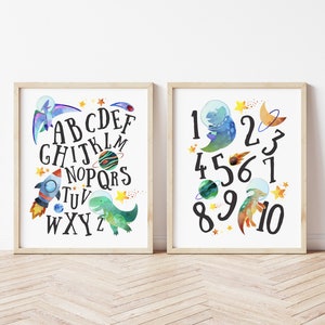 Space Alphabet and Numbers Set, Kids Wall Print, Space Posters, Dinosaurs, Space Wall Art, Playroom Wall Art , Nursery Prints, ABC Poster