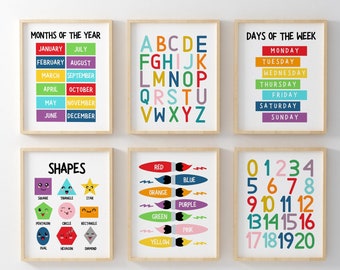 Playroom Wall Art Set, Set of 6, Educational Prints, Classroom Posters, Home School Learning, Kids Wall Decor, Alphabet, Numbers, Shapes