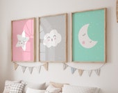 Baby Girl Nursery, New Baby Gift, Toddler Room, Whimsical Art, Cloud Nursery, Pink Grey Green, Printable Art