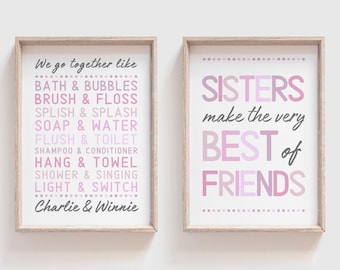 Bathroom Sibling Prints, Kids Bathroom Decor, Sisters Best Friends, Purple Decor, Shared Bathroom Art, Childs Room Decor, Custom, Printable