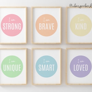 Positive Affirmations Print Set, Girls Bedroom Wall Art, Pastel Rainbow, Kids Room Decor, Nursery Wall Art, I am, Playroom Decor, Digital