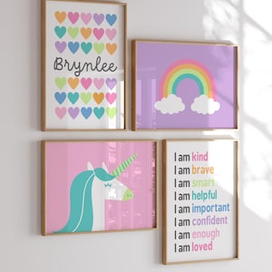 Art pour chambre de filles, décoration de chambre d'enfants, chambre de bébé licorne rose, nom personnalisé, cadeau pour enfants, arc-en-ciel pastel, impressions pour chambre de bébé, cadeau personnalisé