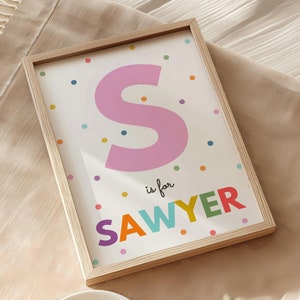Verspielte Kinder Wand Kunst Digitaldruck | Kinder Anfangsmonogramm mit bunten Punkten | Personalisierter Anfangsdruck für Kinderzimmer oder Spielzimmer
