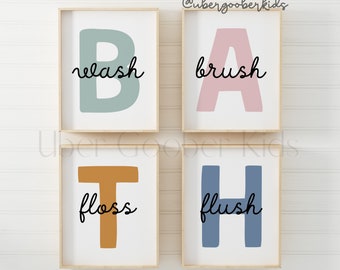 Kids Bathroom Wall Art Decor, Bathroom Prints for Kids, Printable Bathroom Art, For Children, Wash Brush Floss Flush, Neutral, Toddler Decor