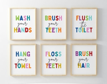 Kids Rainbow Bathroom Art Prints: Set of 6, Playful Decor, DUTY FREE