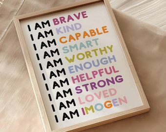 Girls Room Printable Art, Affirmations for Kids, Affirmation Gift, Personalised Prints, I AM Affirmations, Custom Name Wall Art, Kids Poster