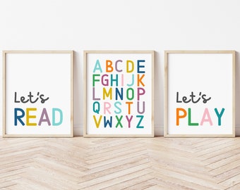 Let's Read Let's Play Wall Art, Set of Three, Classroom Art, ABC Poster, Playroom Wall Art, Playroom Posters, Classroom Art, Kids Wall Decor