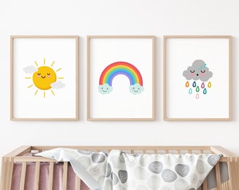 Rainbow Sun Cloud Print Set, Kids Room Wall Decor, Nursery Posters, Gender Neutral, Set of 3, Rainbow Theme, Wall Art Prints, Nursery Prints