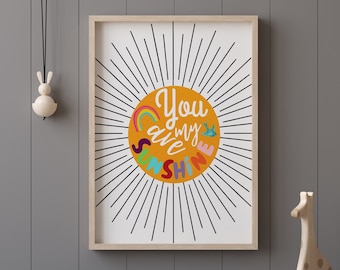 Nursery Wall Art, You Are My Sunshine, Nursery Print, Baby, Watercolor, Kids Room Decor, Toddler Wall Art, Poster, Rainbow, Kids Posters