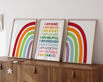 May include: Three framed prints with rainbow designs and positive affirmations. The middle print has the text "I am kind, I am brave, I am smart, I am loved, I am helpful, I am enough, I am strong, I am worthy, I am capable, I am Parker".