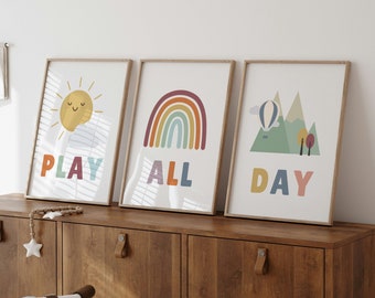 Play All Day Wall Art, Let's Play Sign, Playroom Art, Playroom Prints, Playroom Wall Decor, Playroom Posters, Kids Playroom Art, Rainbow
