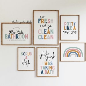 Kids Bathroom Art Set, Bathroom Wall Prints, Set of 6, Splish Splash, Scrub a Dub Dub, Shared Bathroom Decor, Children's Bathroom Wall Art